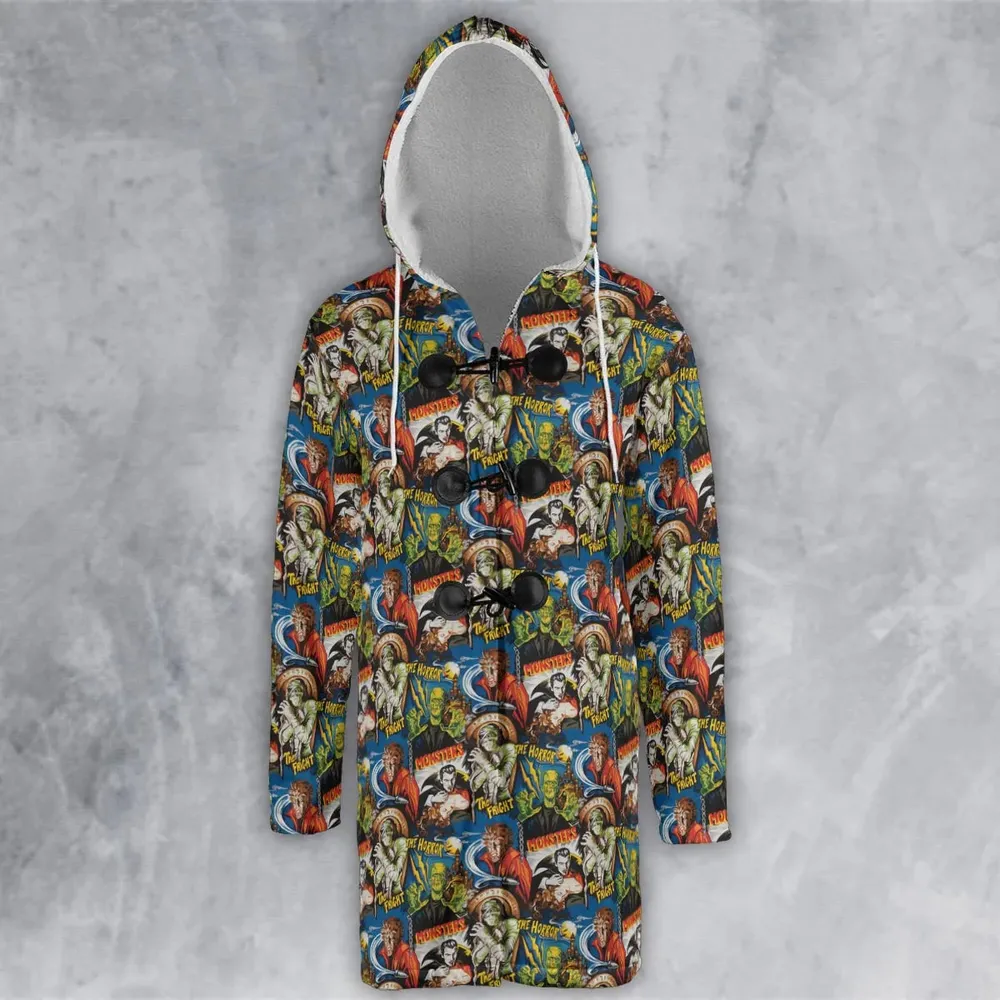 The Horror The Fright Dracula Frankenstein The Wolfman Monster Universal Pattern Hooded Cloak Coat - 2