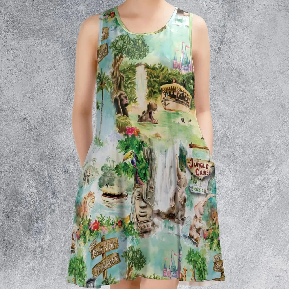 Water Color Jungle Cruise Map Sleeveless Dress - 2