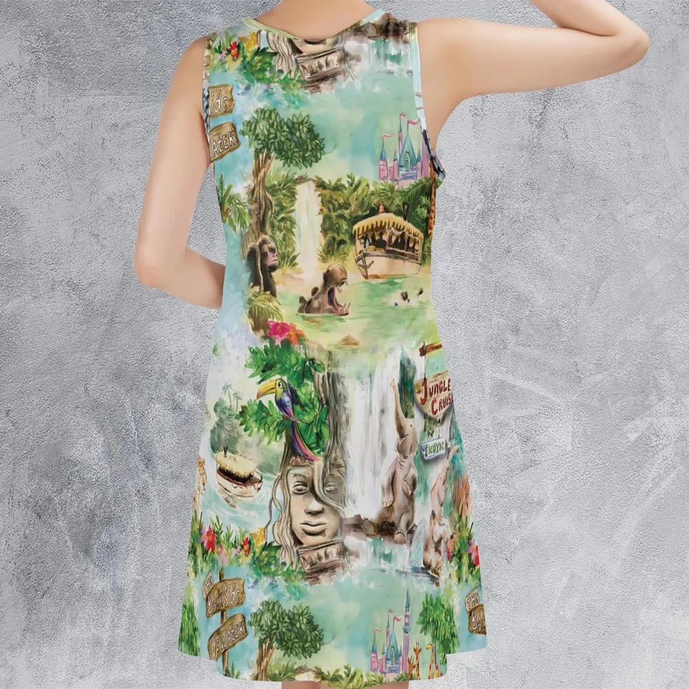 Water Color Jungle Cruise Map Sleeveless Dress - 3