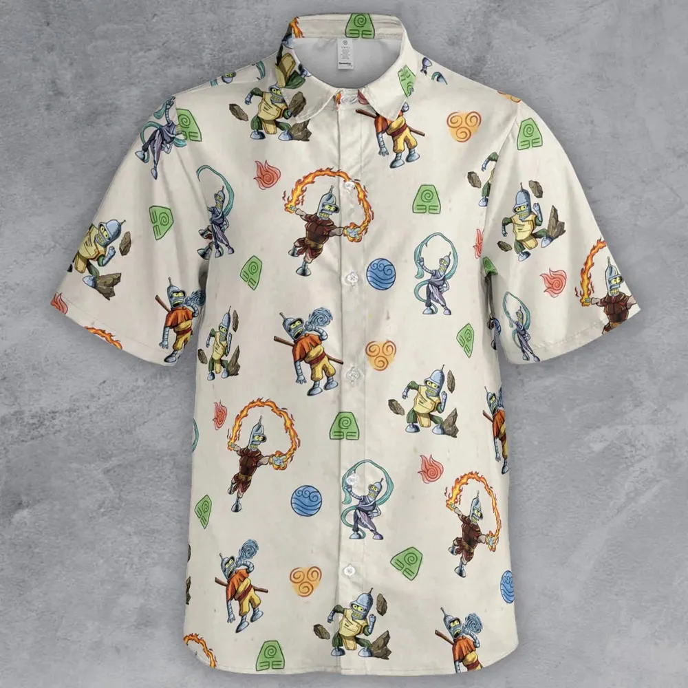Water Earth Fire Air Bender Futurama Button Down Shirt - 2