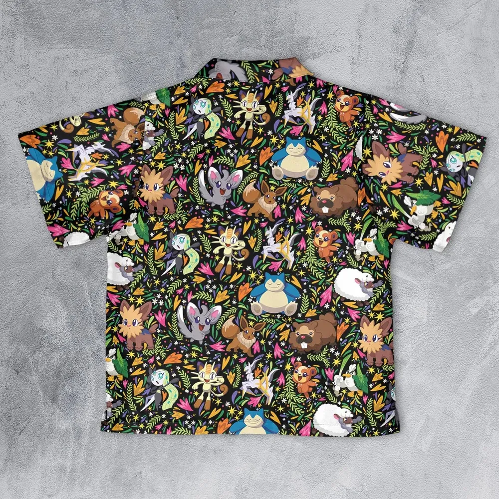 Floral Snorlax Bidoof Eevee Meloetta Pokemon Youth Hawaiian Shirt - 2