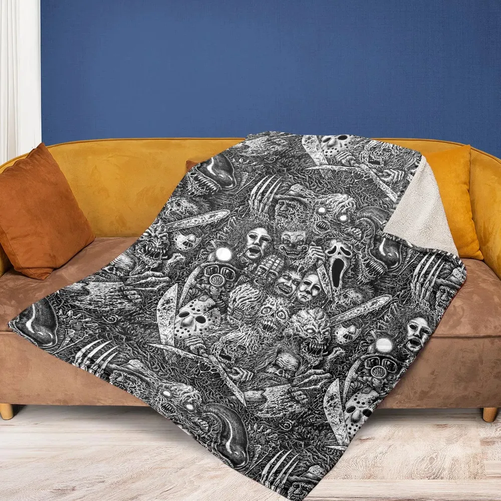 Horror Movie Assemblage Ghostface Xenomorph Pinhead Freddy Michael Myers Fleece Blanket - 2