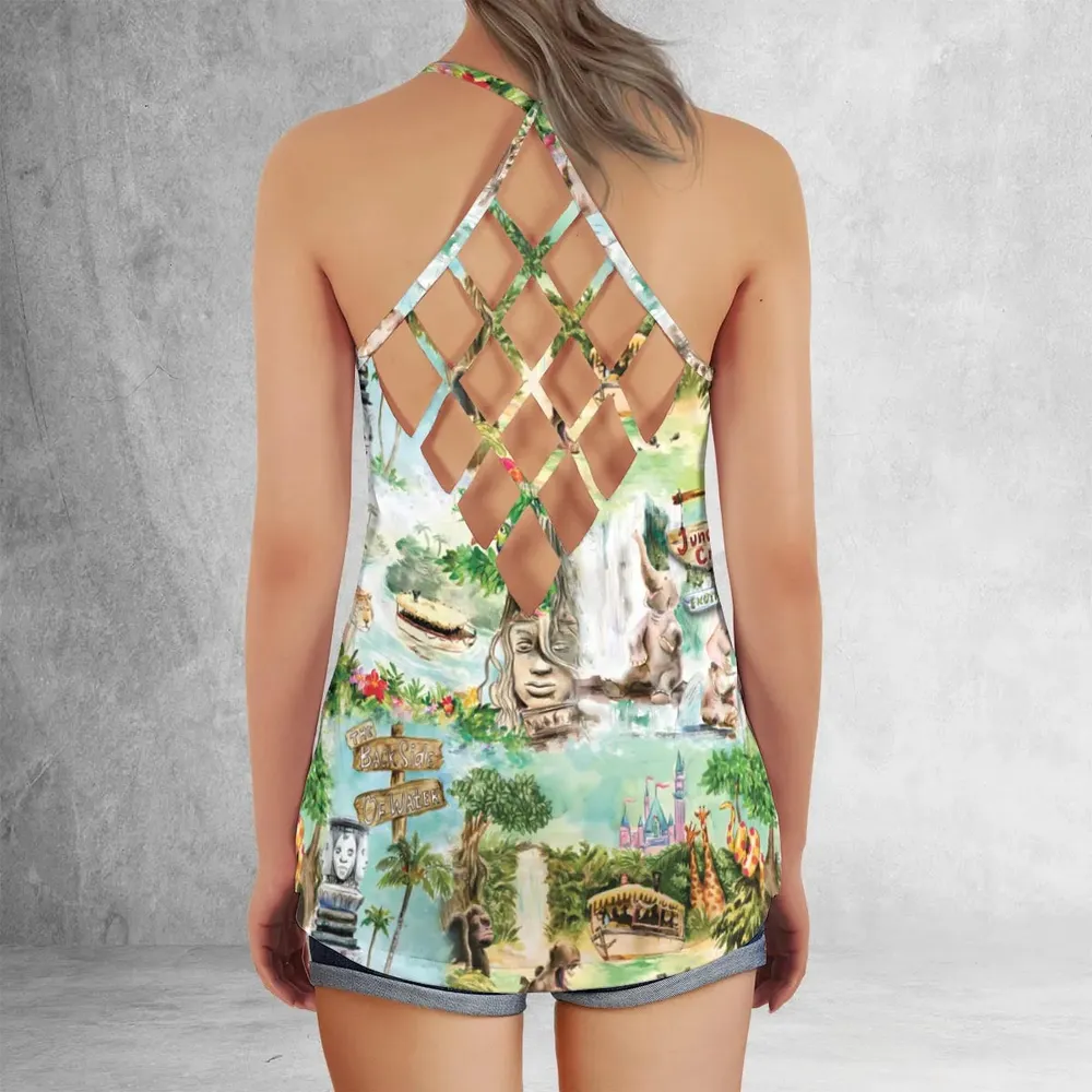 Water Color Jungle Cruise Map Criss Cross Tank Top - 3