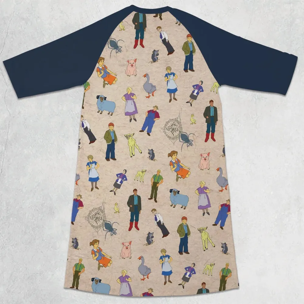 Beloved Children's Tale Charlotte's Web Cartoon Characters 3/4 Sleeve Raglan Dress - 2