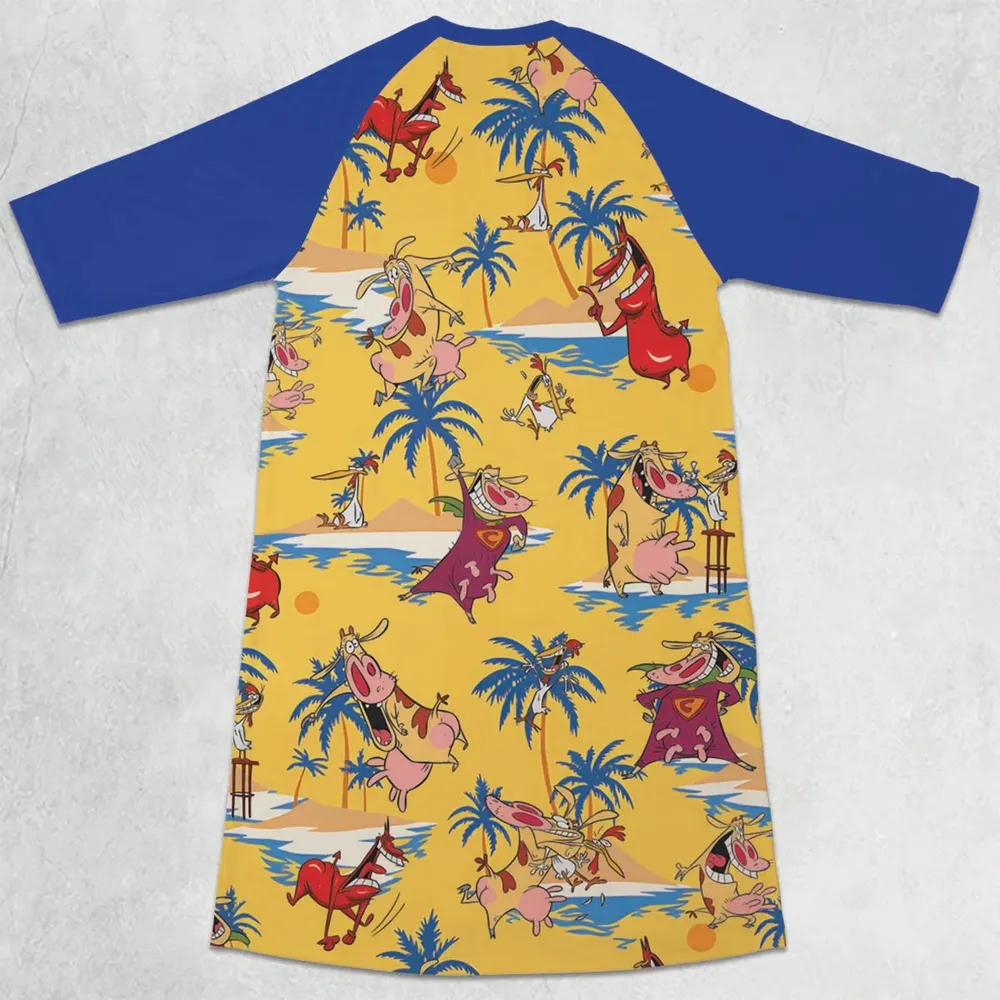 Cow Chicken Red Guy 3/4 Sleeve Raglan Dress - 2