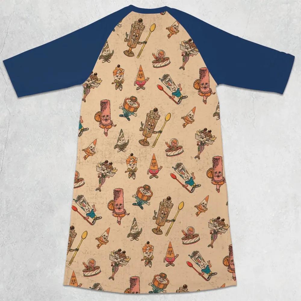 Retro Dessert Mascots Carvel comic book Ice Cream 3/4 Sleeve Raglan Dress - 2