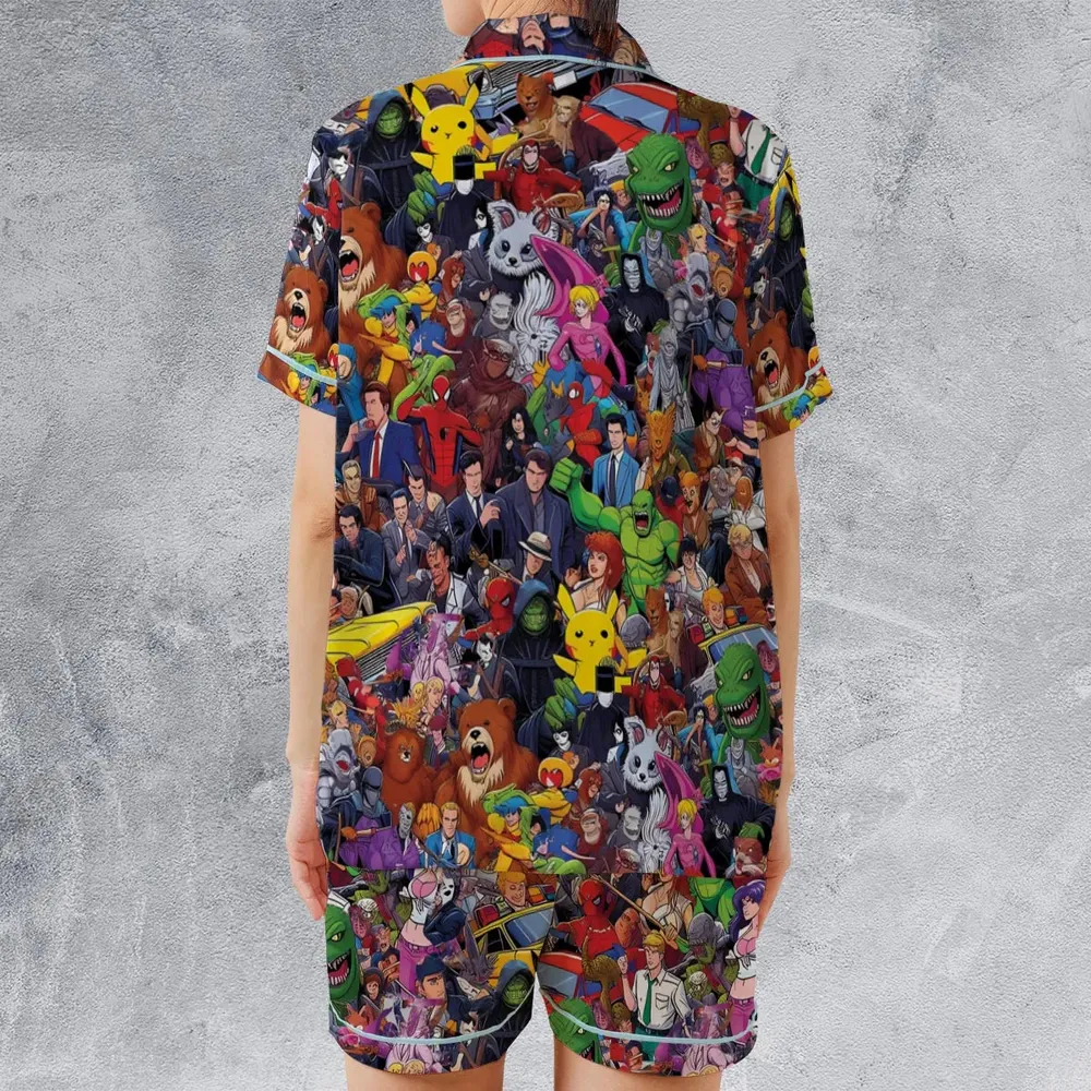 All-Genre Cartoon Mashup Satin Short-Sleeve Pajamas Set - 2