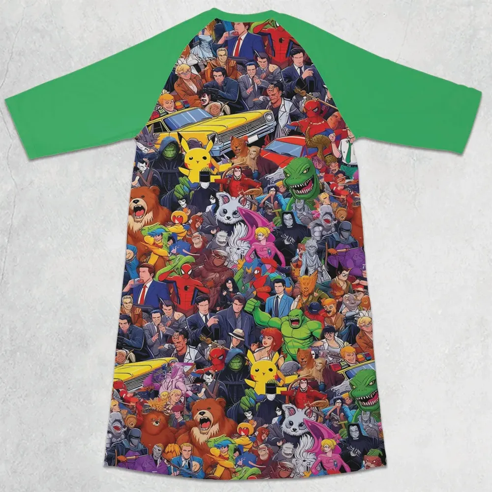 All-Genre Cartoon Mashup 3/4 Sleeve Raglan Dress - 2