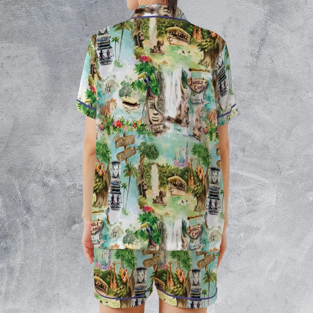 Water Color Jungle Cruise Map Satin Short-Sleeve Pajamas Set - 2