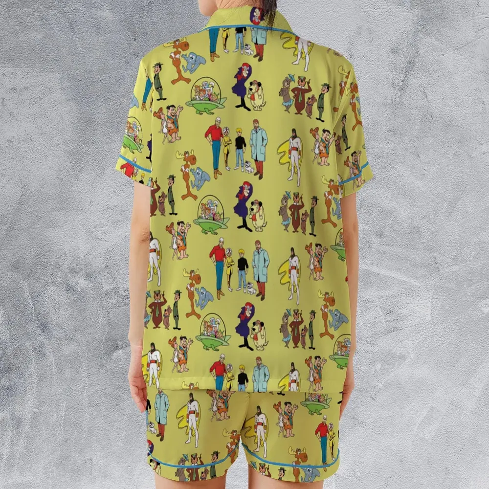 60s Cartoon Characters Satin Short-Sleeve Pajamas Set - 2