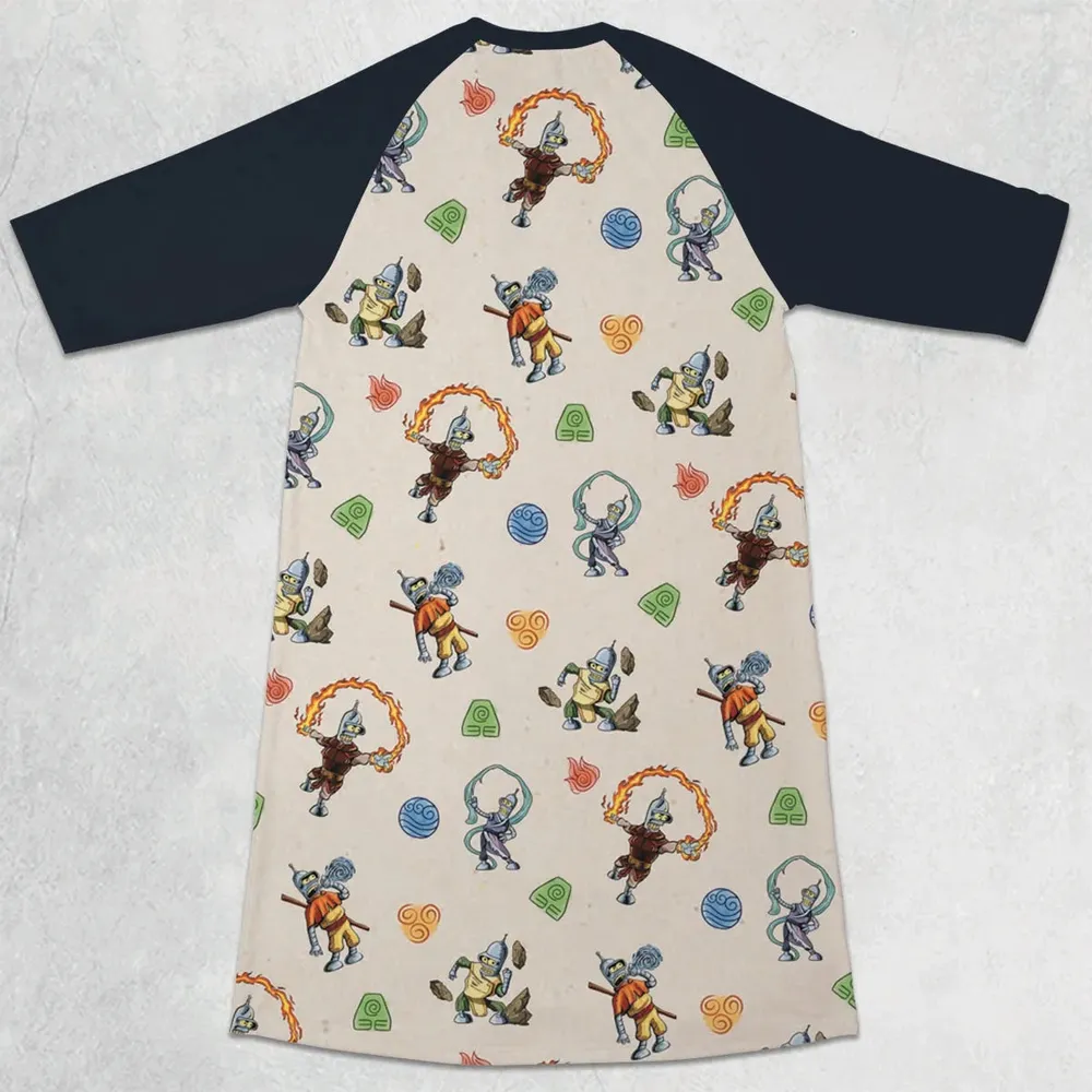 Water Earth Fire Air Bender Futurama 3/4 Sleeve Raglan Dress - 2