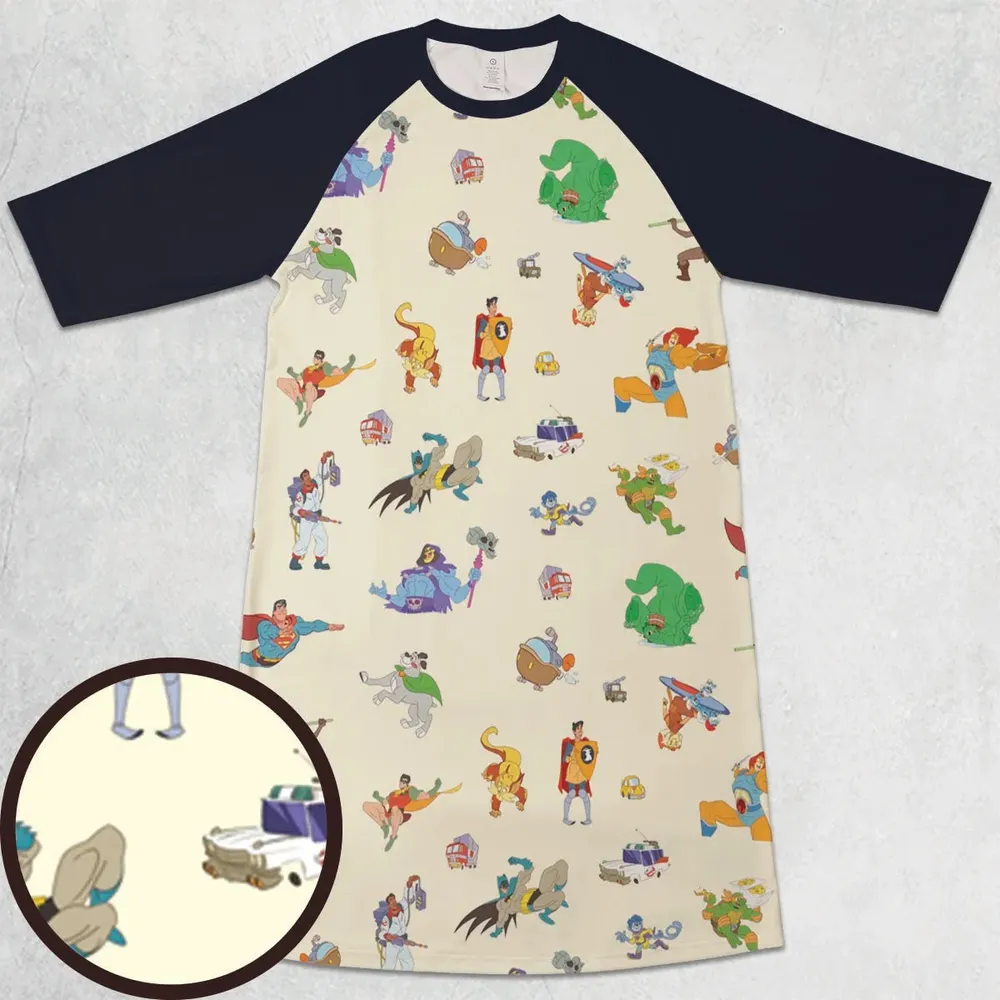 80s Classic Cartoon Characters 3/4 Sleeve Raglan Dress - 1