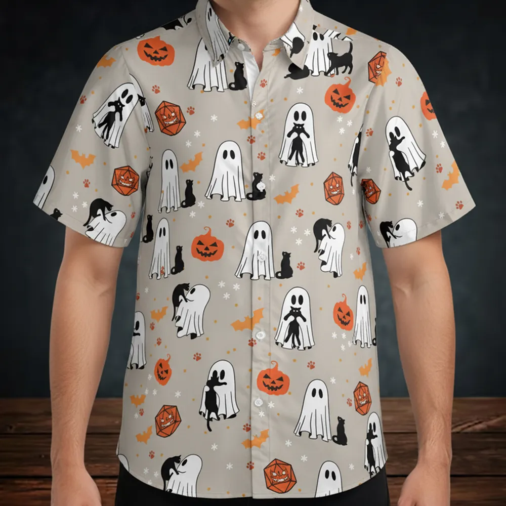 Ghosts, Cats & Pumpkin Dice Button Down Shirt - 1