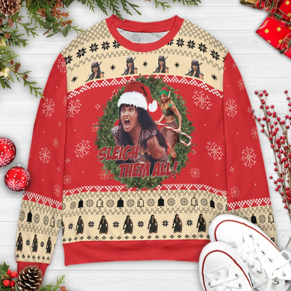 Sleigh Them All Xena Ugly Christmas Sweatshirt - 3