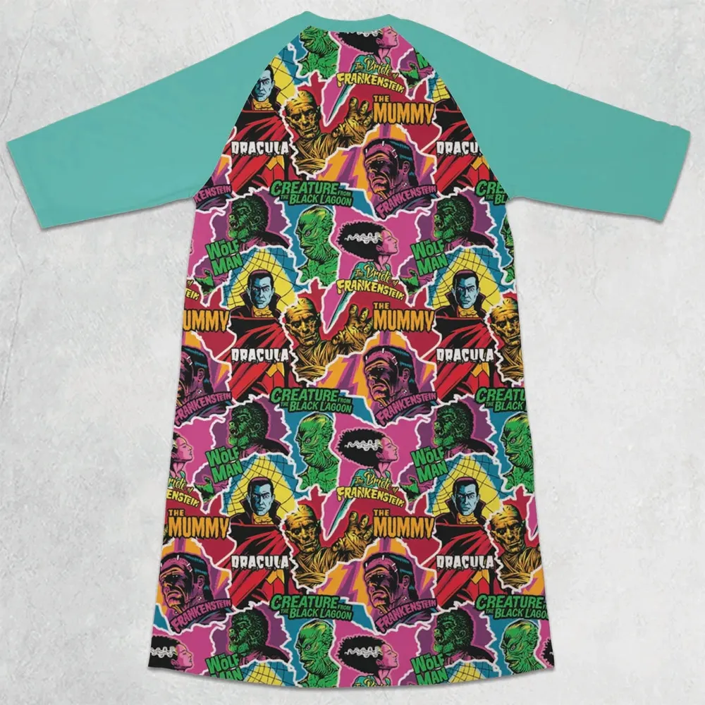 Monsters Pop Collage Universal Monsters 3/4 Sleeve Raglan Dress - 2