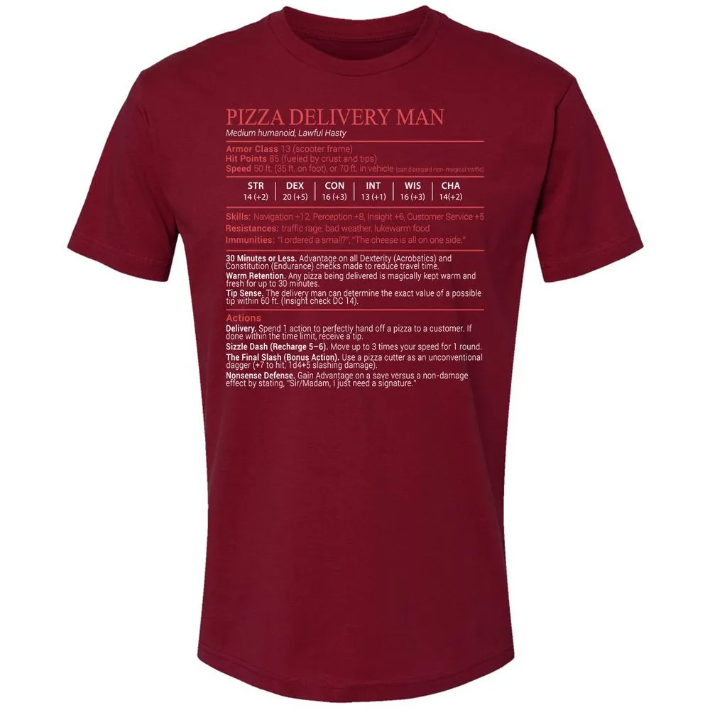 Pizza Delivery Man Stats Block Premium Unisex T-Shirt - Cardinal - 11