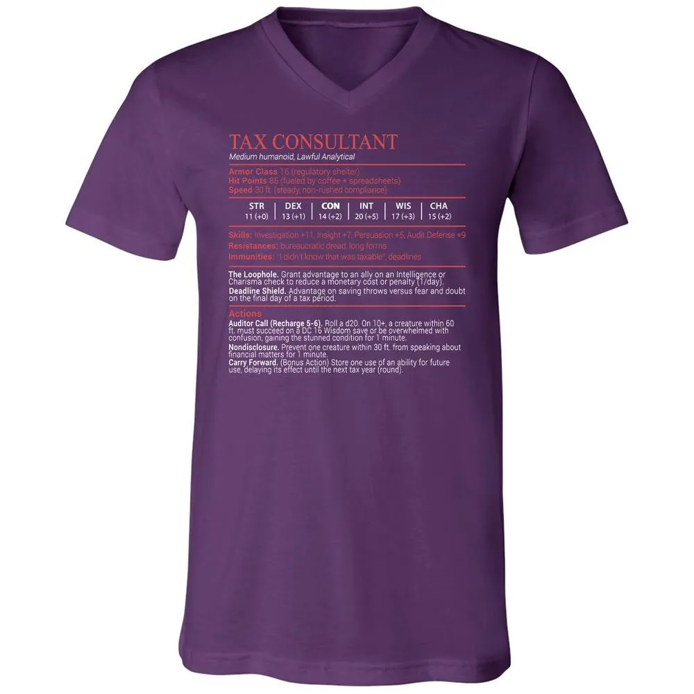 Tax Consultant Stats Block Unisex V-Neck T-Shirt - Team Purple - 10