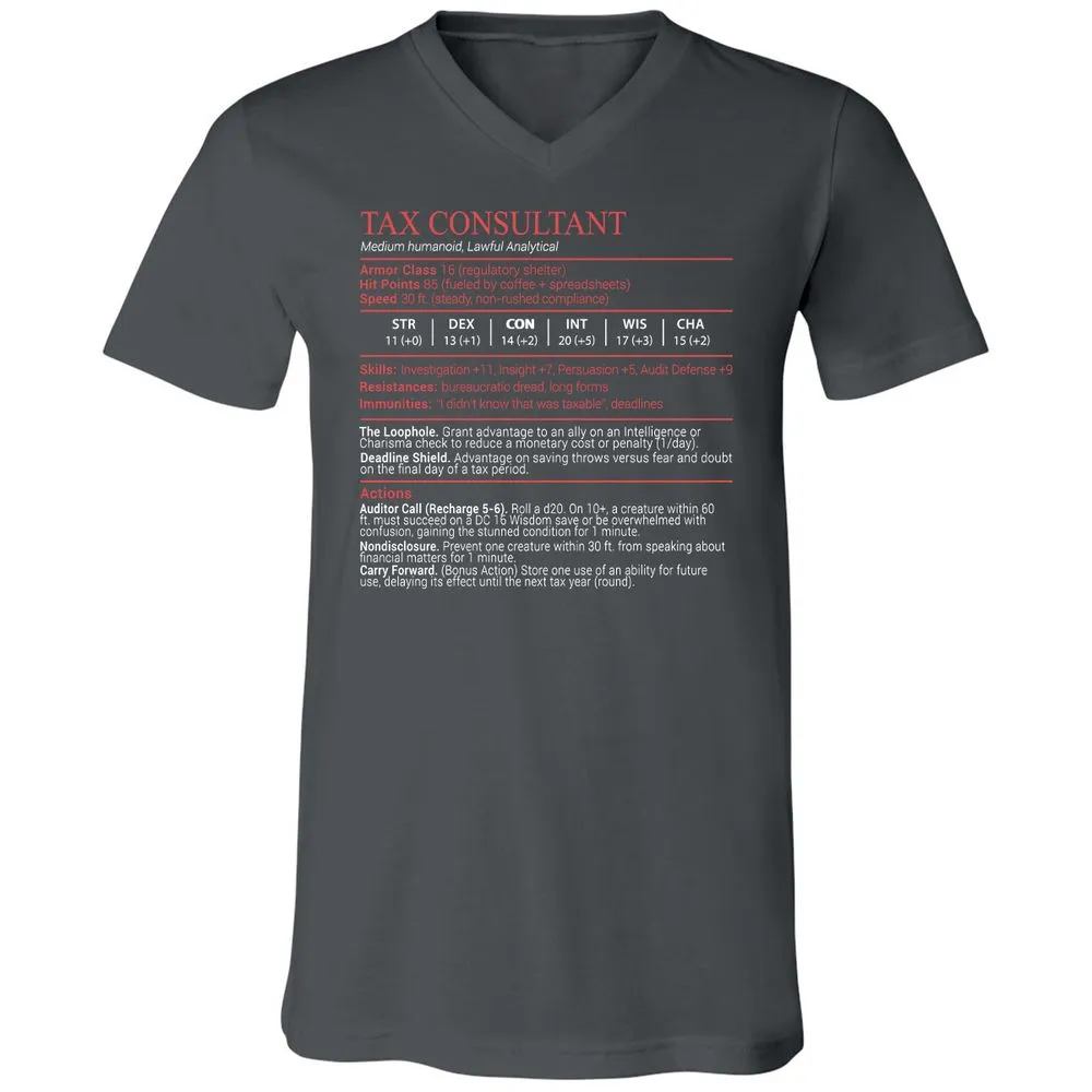 Tax Consultant Stats Block Unisex V-Neck T-Shirt - Asphalt - 13