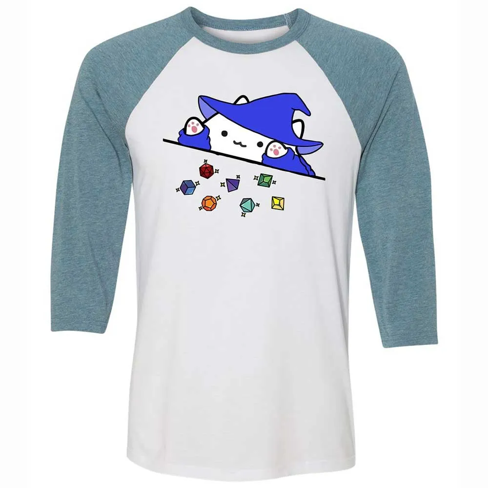 Cat Throws Dices Unisex 3/4 Baseball Tee - White/Denim - 3
