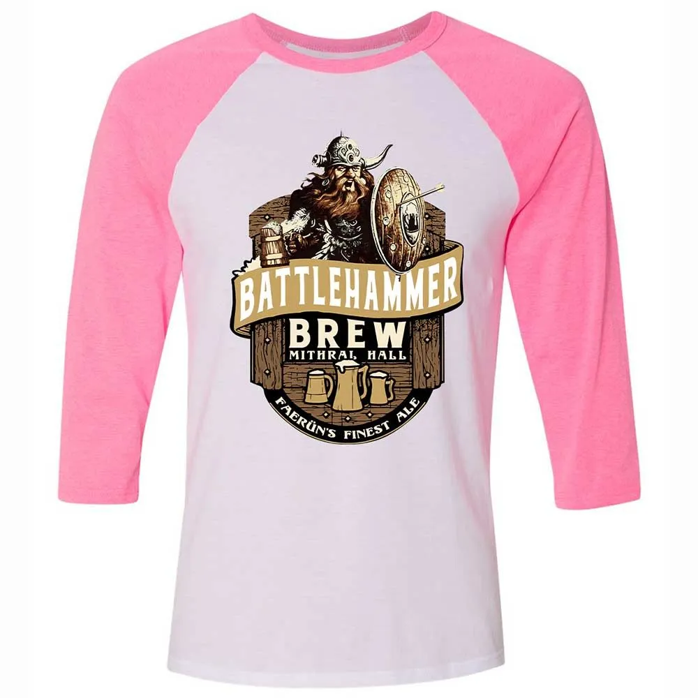 Battlehammer Brew Unisex 3/4 Baseball Tee - White/Neon Pink - 12