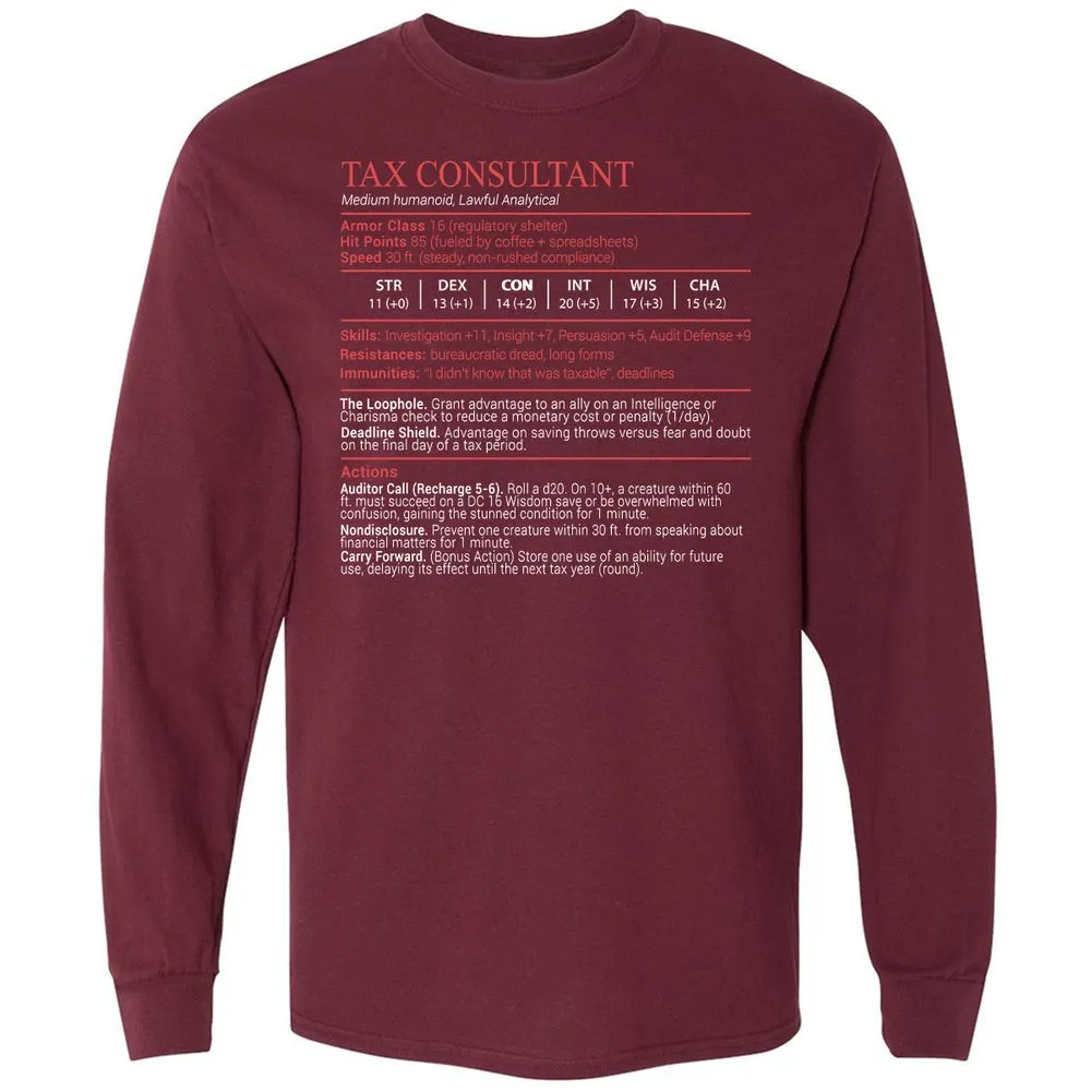 Tax Consultant Stats Block Long Sleeve T-Shirt - Maroon - 6