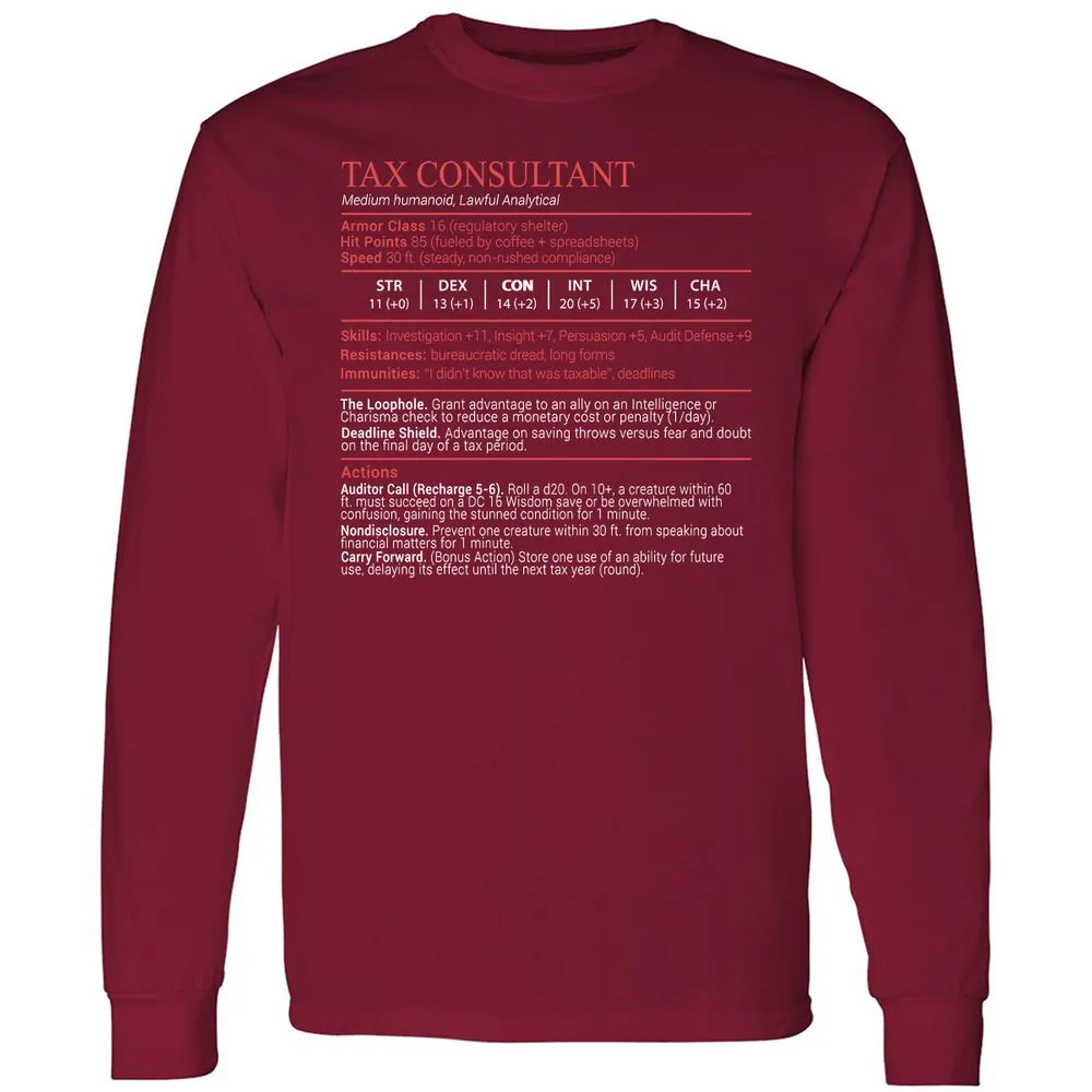 Tax Consultant Stats Block Long Sleeve T-Shirt - Cardinal Red - 7