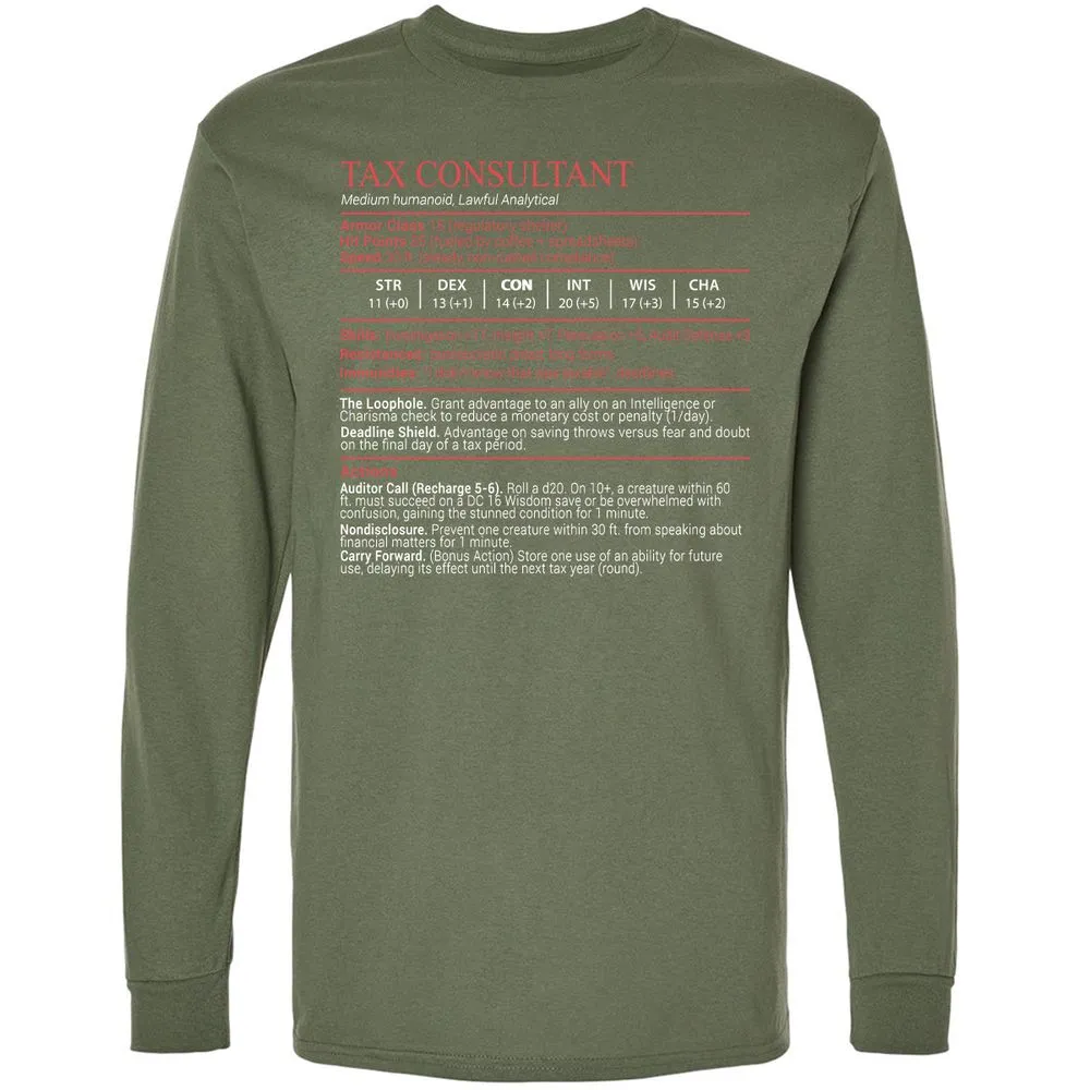 Tax Consultant Stats Block Long Sleeve T-Shirt - Military Green - 9
