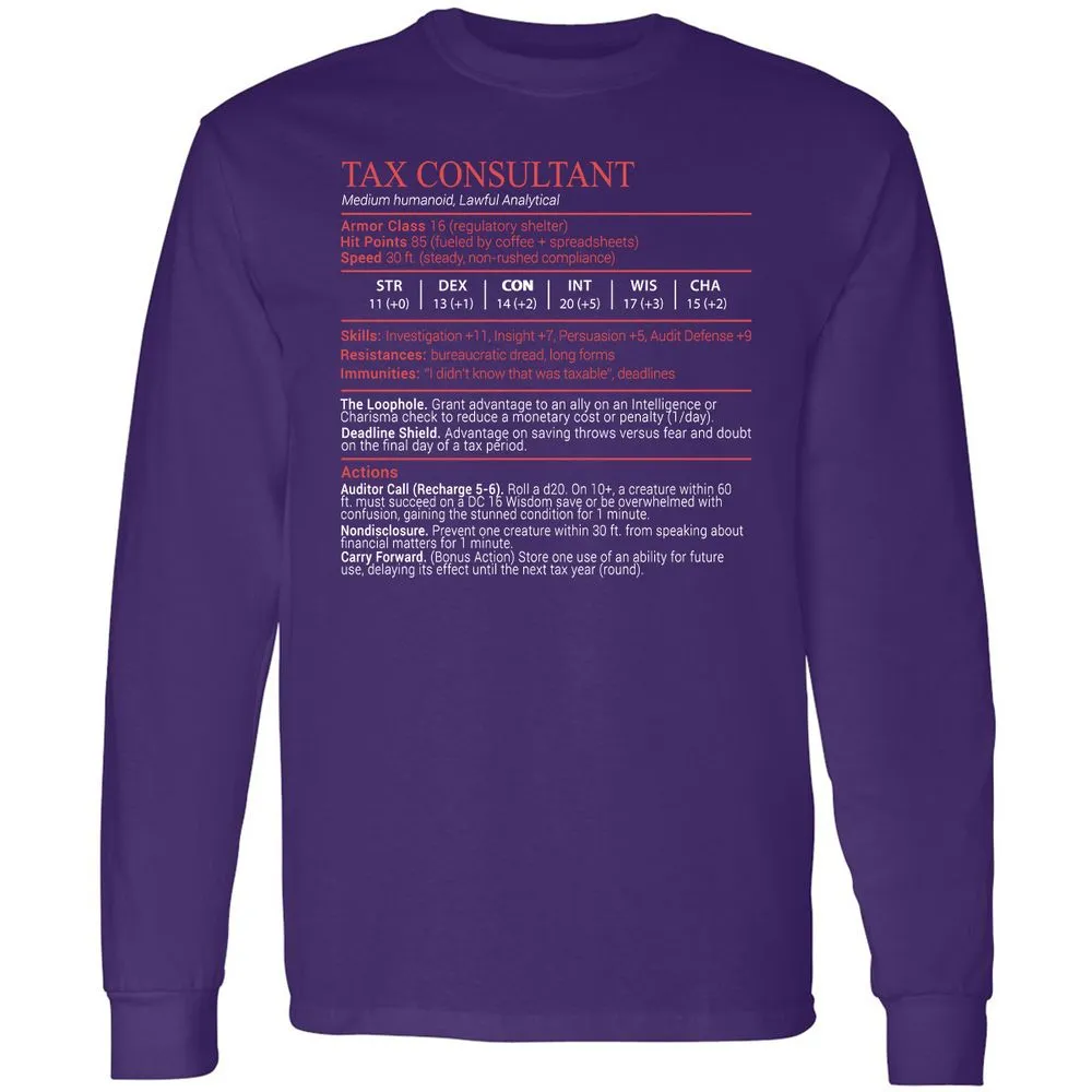 Tax Consultant Stats Block Long Sleeve T-Shirt - Purple - 12