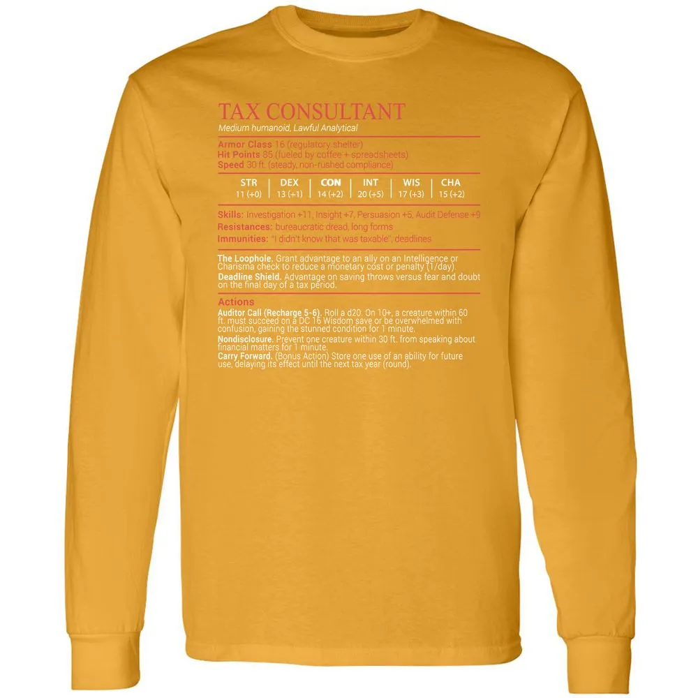 Tax Consultant Stats Block Long Sleeve T-Shirt - Gold - 13