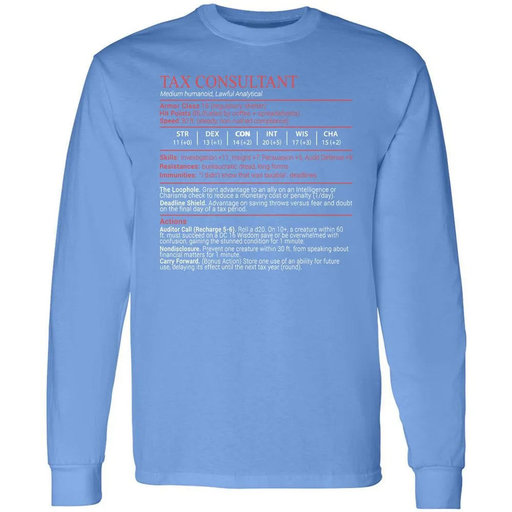 Tax Consultant Stats Block Long Sleeve T-Shirt - Carolina Blue - 15