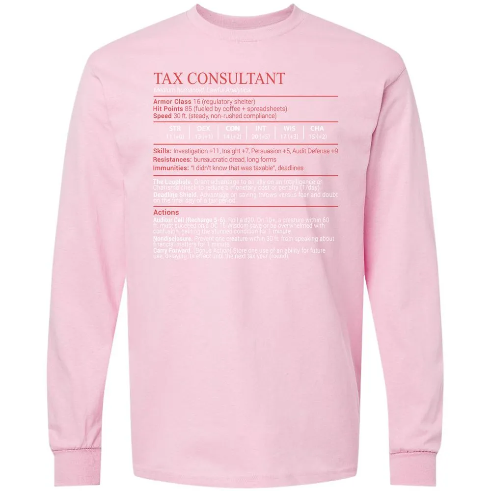 Tax Consultant Stats Block Long Sleeve T-Shirt - Light Pink - 16