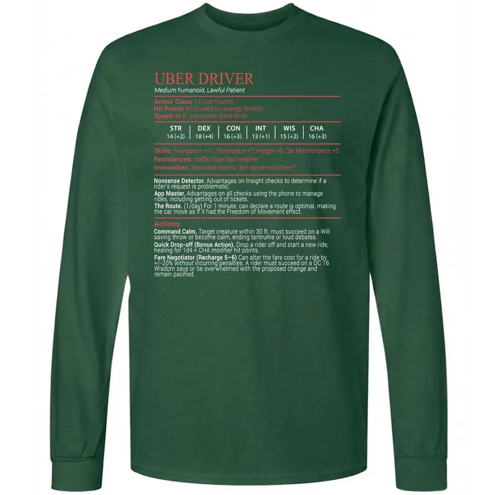 Uber Driver Stats Block Long Sleeve T-Shirt - Forest Green - 4