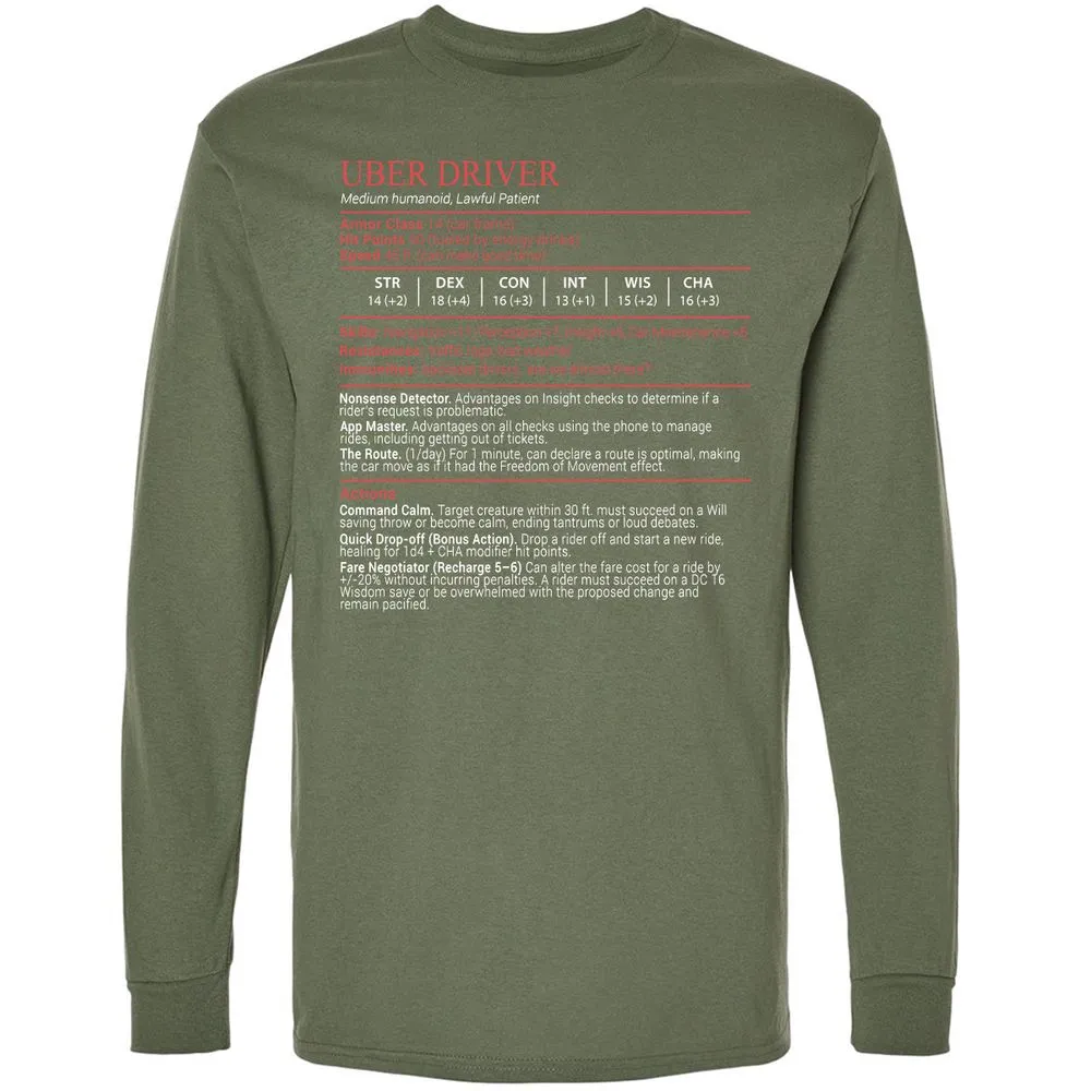 Uber Driver Stats Block Long Sleeve T-Shirt - Military Green - 9