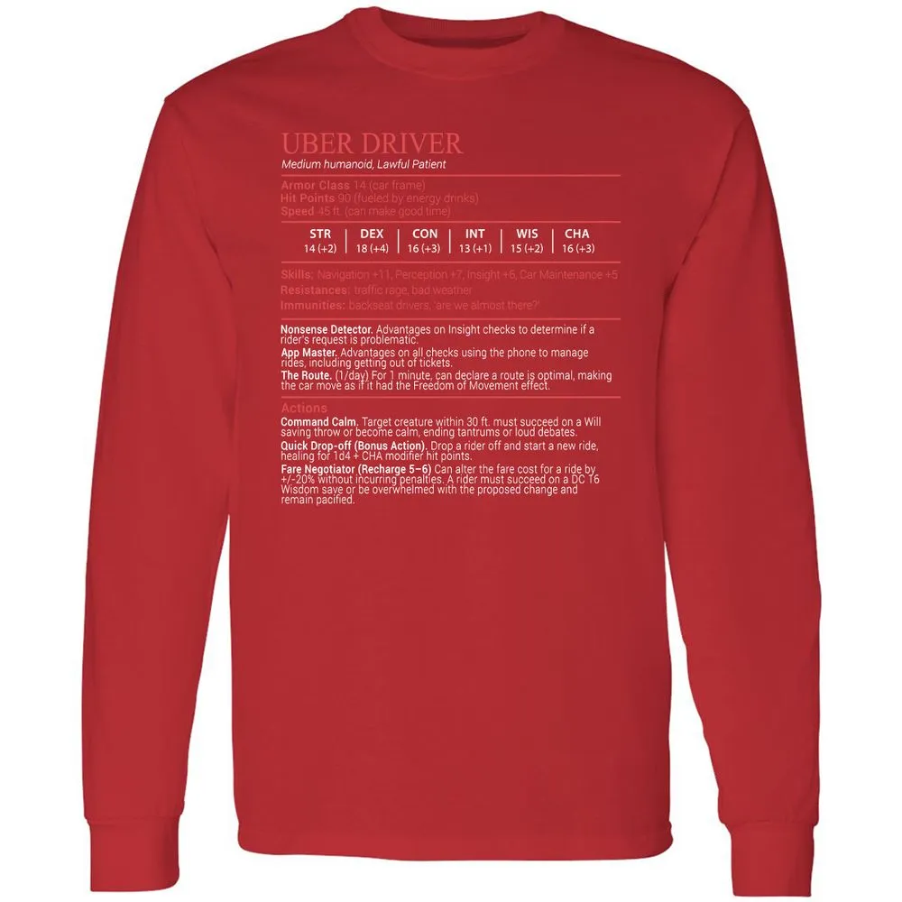 Uber Driver Stats Block Long Sleeve T-Shirt - Red - 11