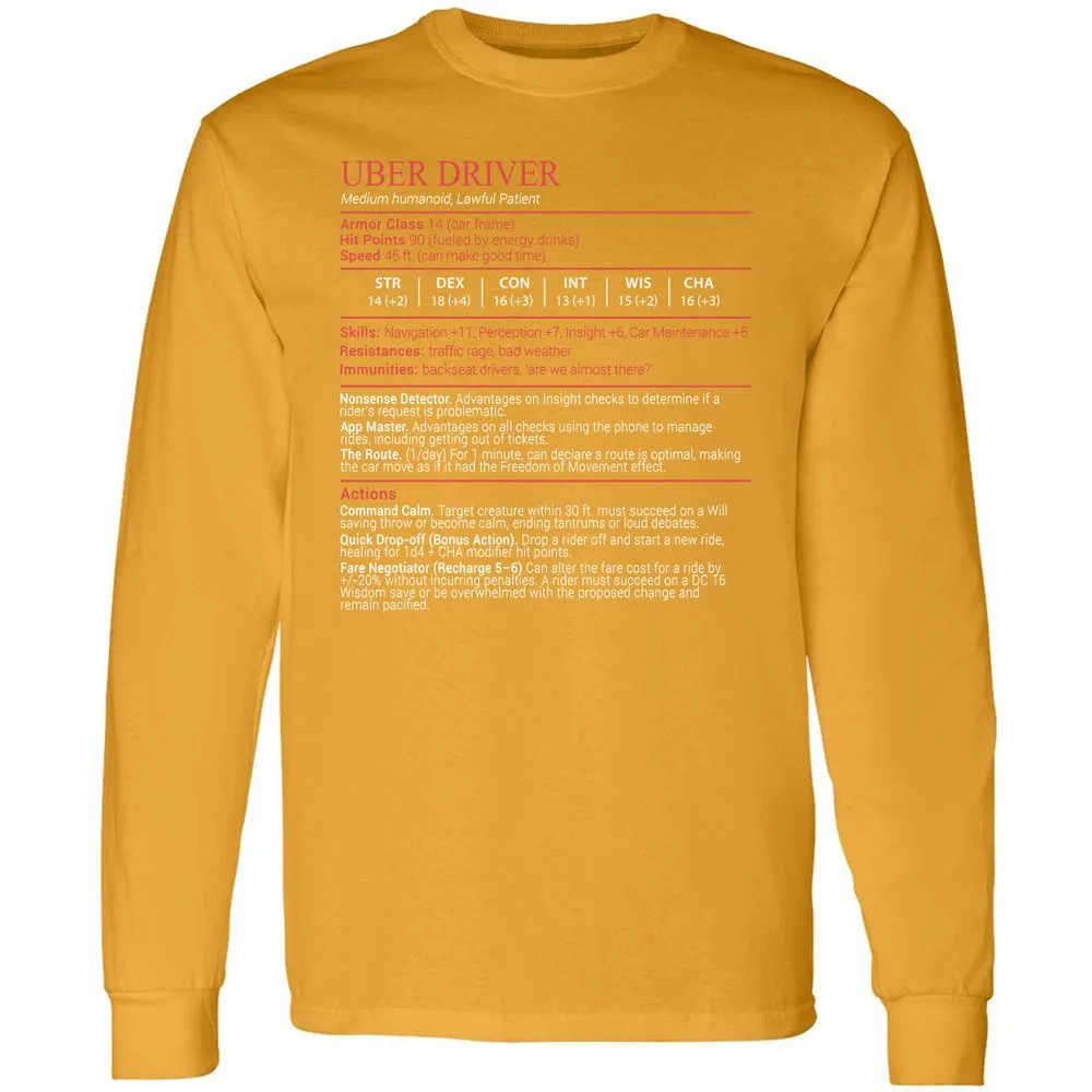 Uber Driver Stats Block Long Sleeve T-Shirt - Gold - 13