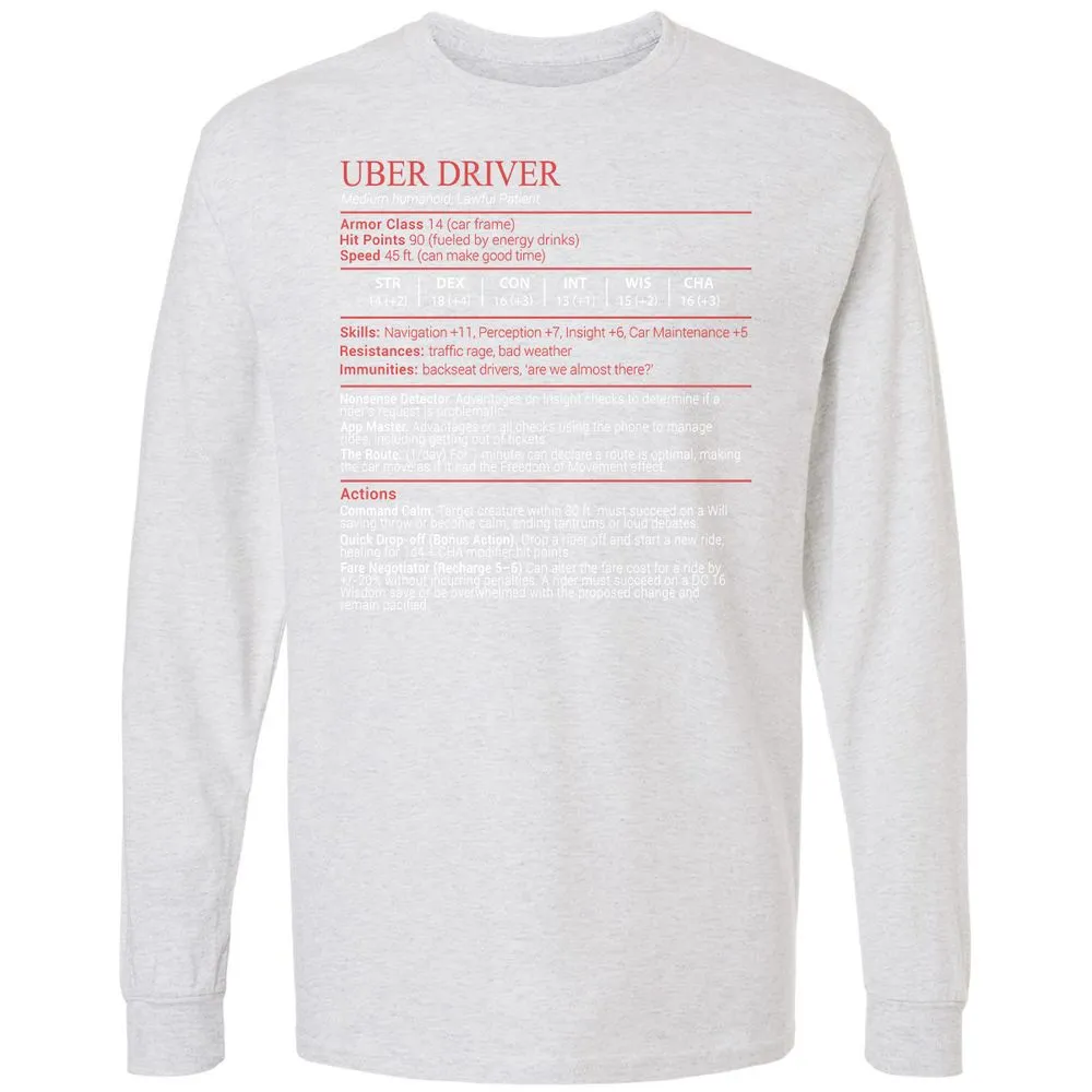 Uber Driver Stats Block Long Sleeve T-Shirt - Ash - 14