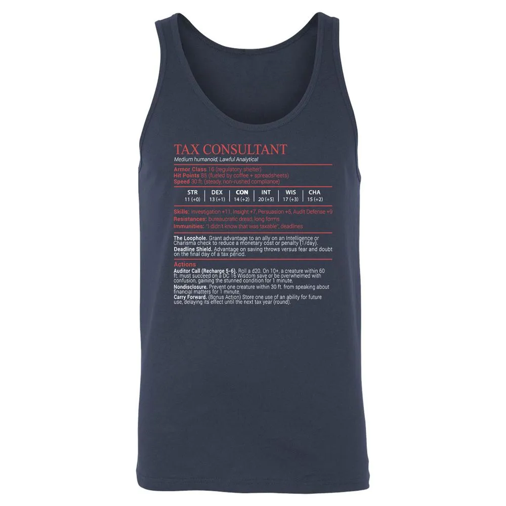 Tax Consultant Stats Block Unisex Jersey Tank - Navy - 2