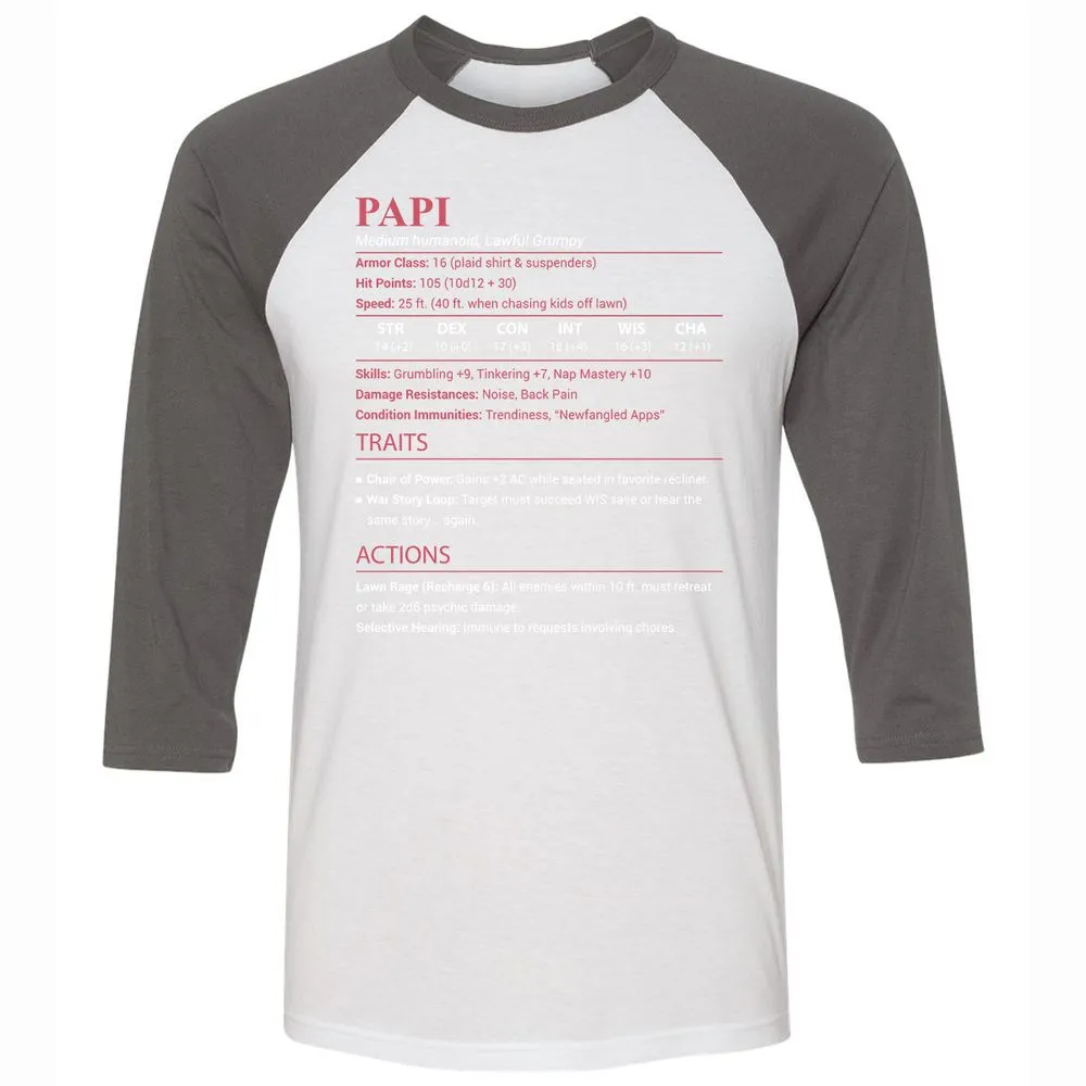 Papi Stats Unisex 3/4 Baseball Tee - White/Asphalt - 2