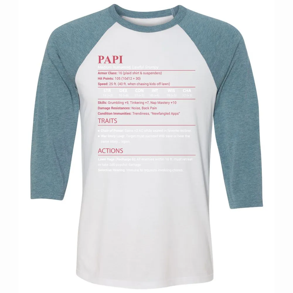 Papi Stats Unisex 3/4 Baseball Tee - White/Denim - 3