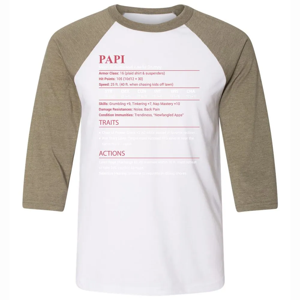 Papi Stats Unisex 3/4 Baseball Tee - White/Heather Olive - 4