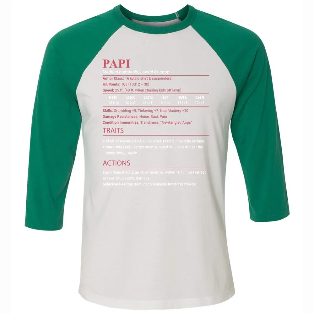 Papi Stats Unisex 3/4 Baseball Tee - White/Kelly - 6
