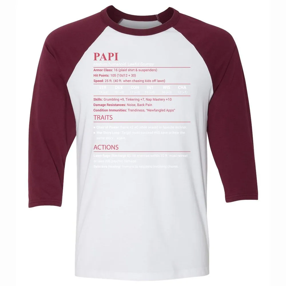 Papi Stats Unisex 3/4 Baseball Tee - White/Maroon - 7