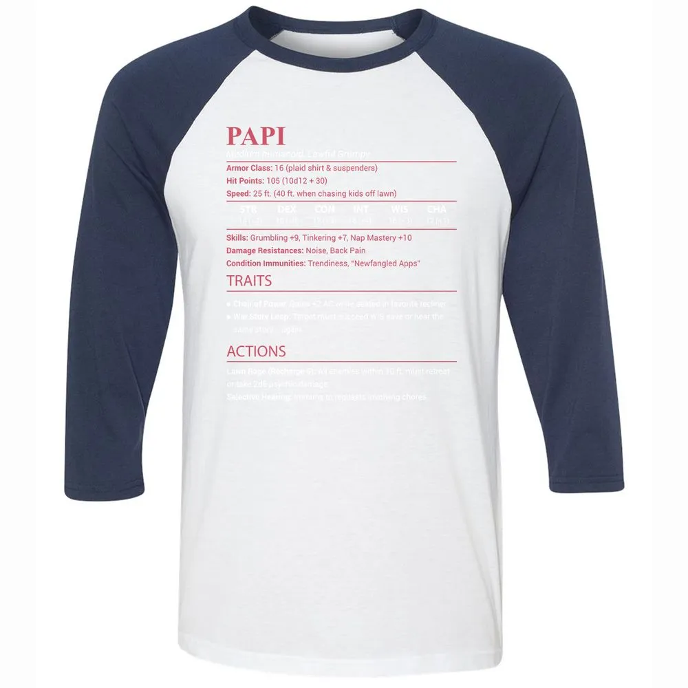 Papi Stats Unisex 3/4 Baseball Tee - White/Navy - 8