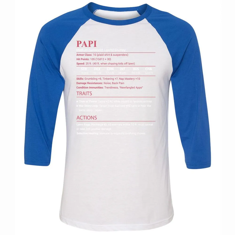 Papi Stats Unisex 3/4 Baseball Tee - White/True Royal - 10