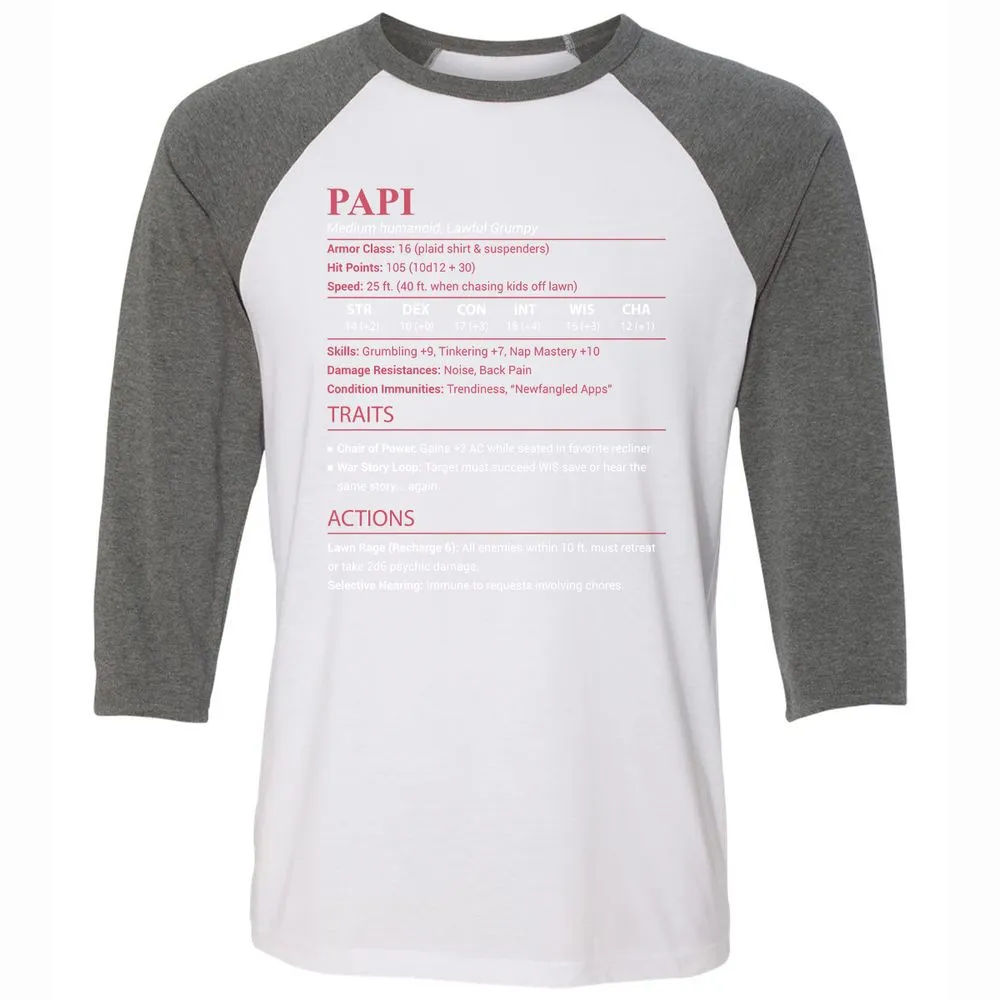 Papi Stats Unisex 3/4 Baseball Tee - White/Deep Heather - 11