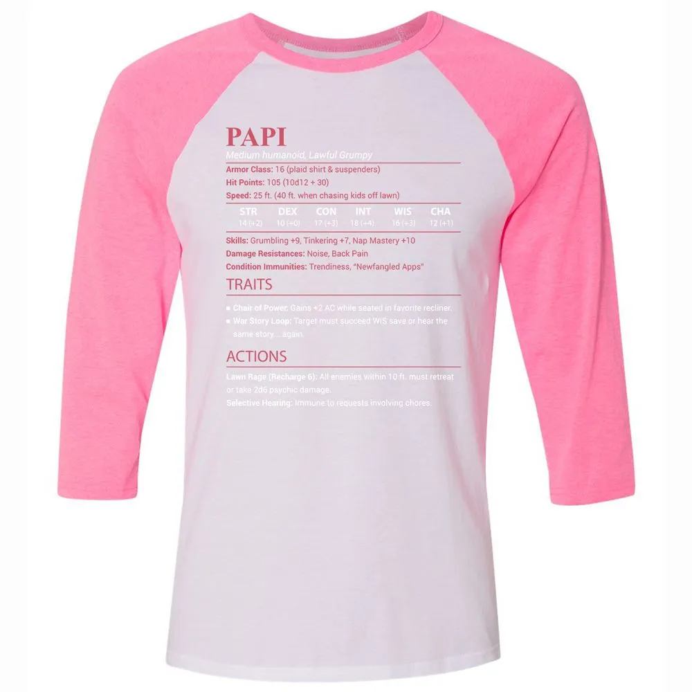 Papi Stats Unisex 3/4 Baseball Tee - White/Neon Pink - 12