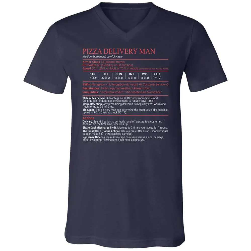 Pizza Delivery Man Stats Block Unisex V-Neck T-Shirt - Navy - 2