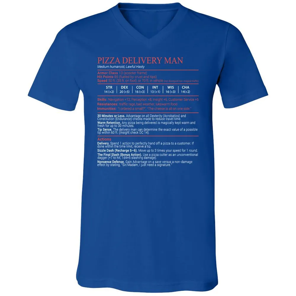 Pizza Delivery Man Stats Block Unisex V-Neck T-Shirt - True Royal - 4