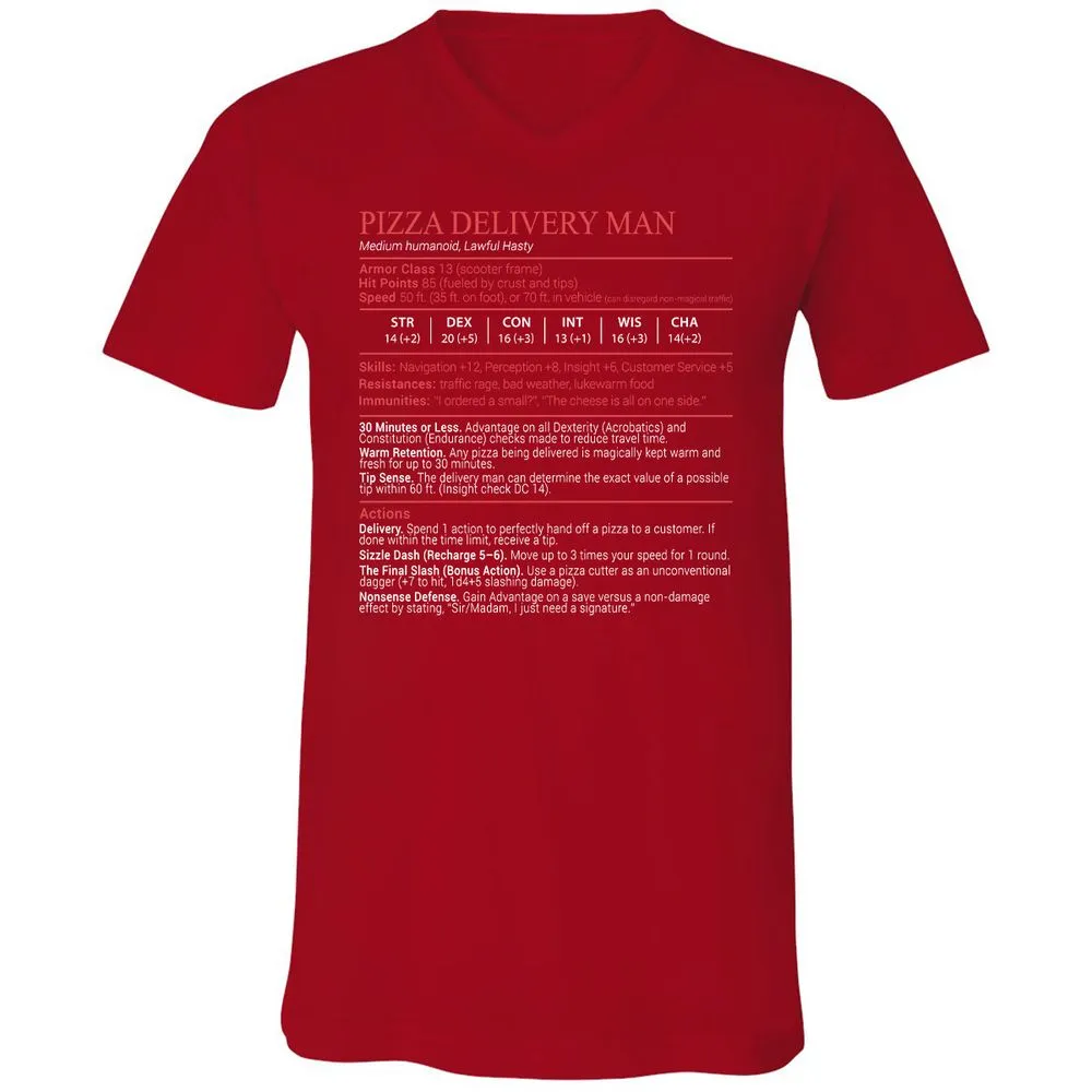 Pizza Delivery Man Stats Block Unisex V-Neck T-Shirt - Red - 6