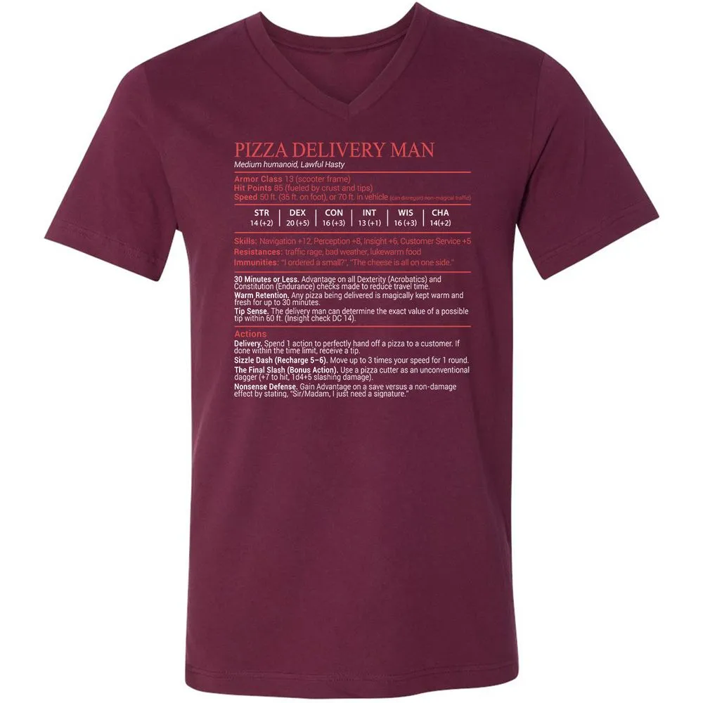 Pizza Delivery Man Stats Block Unisex V-Neck T-Shirt - Maroon - 8
